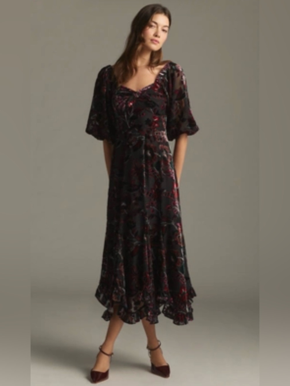 Anthropologie Black Midi Dress with Pink Floral Velvet